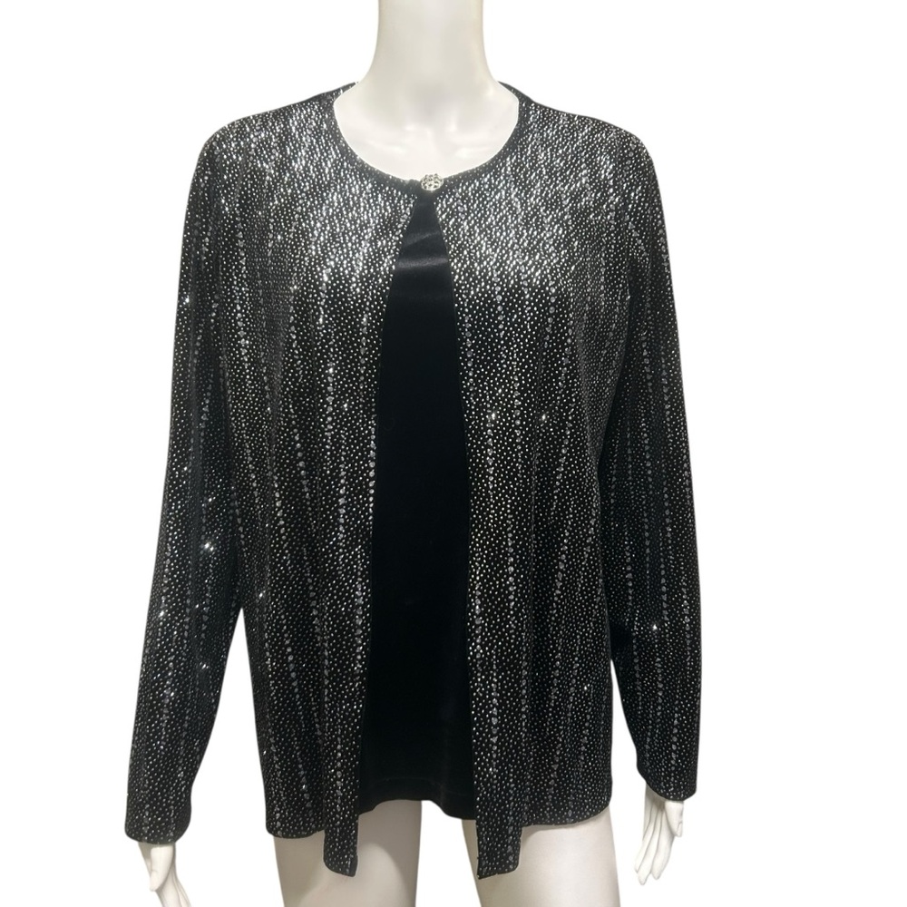 Notations Black Velvet Applied Metallic Attached Blouse Cardigan Size XL
